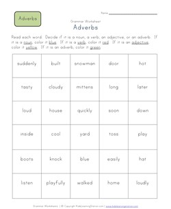 2nd grade adverb, verb and noun worksheet