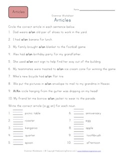 articles a or an worksheet