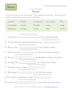 2nd grade complete the sentences noun worksheet