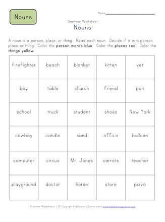 2nd grade identify nouns worksheet