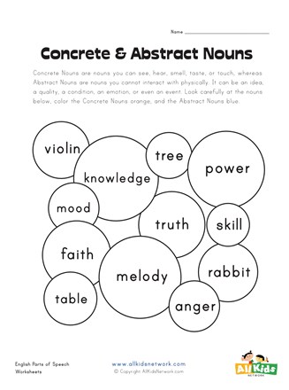 Concrete and Abstract Nouns Worksheet 1 | All Kids Network