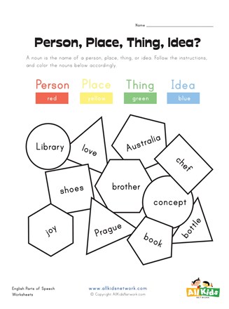person, place, thing or idea worksheet