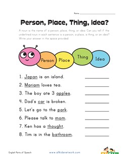 person, place, thing or idea worksheet