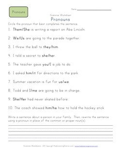 2nd grade pronouns worksheet