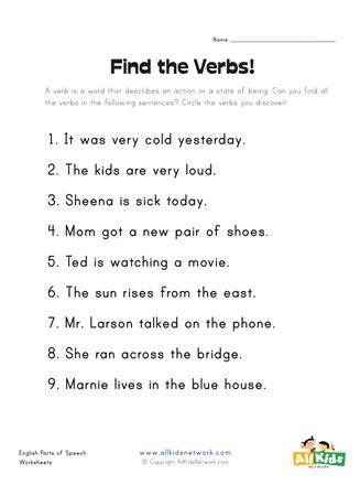 Find the Verbs Worksheet | All Kids Network