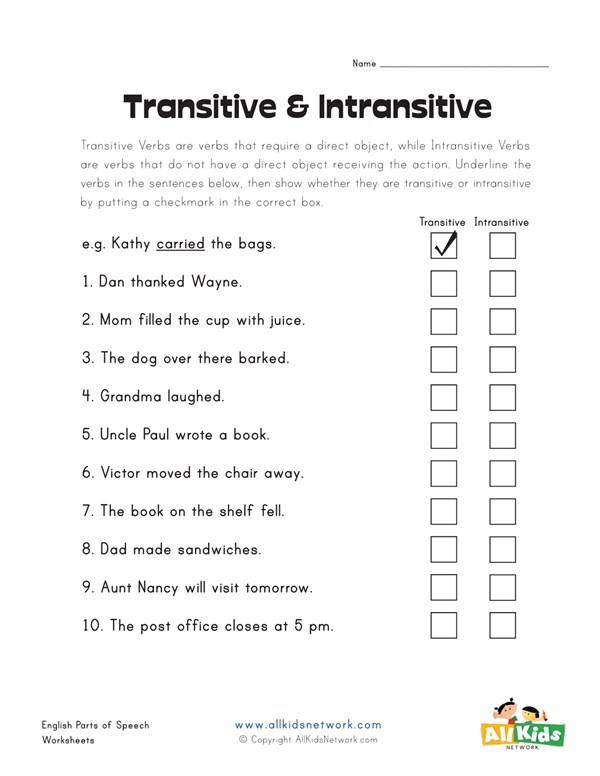 Transitive And Intransitive Verbs Worksheets With Answer Key