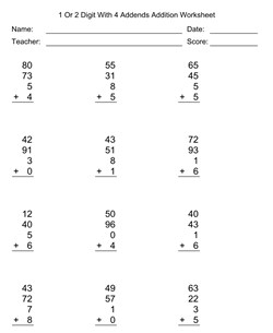 1 Or 2 Digit 4 Addends Addition Worksheet With First Addend with 2 Digits, Second Addend with 2 Digits, 12 Problems Per Page