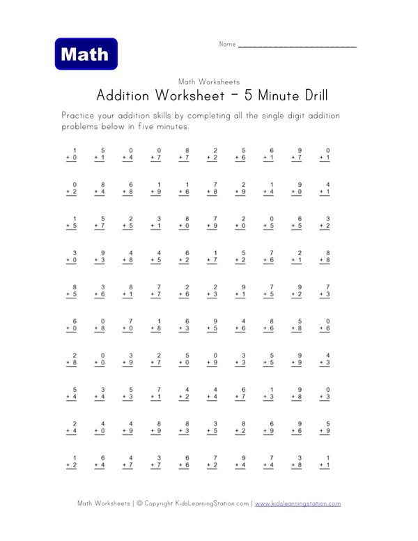five minute addition drill