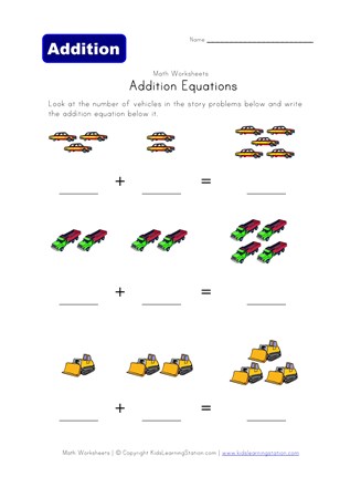 addition equations worksheet vehicles