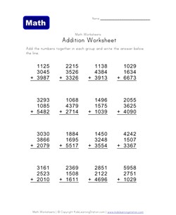 four digit three addend addition worksheet