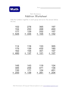 three digit, four addend addition problems worksheet