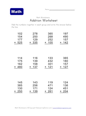 three digit, four addend addition problems worksheet