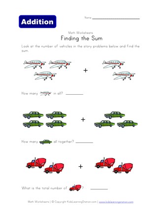 find the sum worksheet vehicles