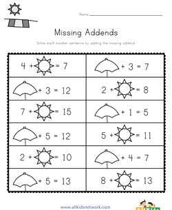 Summer Missing Addends Worksheet