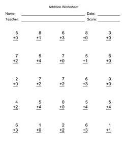 Addition Worksheet With First Addend with 1 Digit, Second Addend with 1 Digit, No Regrouping