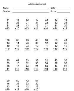 Addition Worksheet With First Addend with 2 Digits, Second Addend with 2 Digits, Third Addend with 2 Digits, Fourth Addend with 2 Digits, No Regrouping