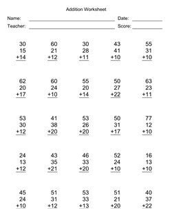 Addition Worksheet With First Addend with 2 Digits, Second Addend with 2 Digits, Third Addend with 2 Digits, No Regrouping