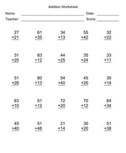 Addition Worksheet With First Addend with 2 Digits, Second Addend with 2 Digits, No Regrouping