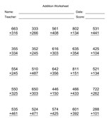 Addition Worksheet With First Addend with 3 Digits, Second Addend with 3 Digits, No Regrouping