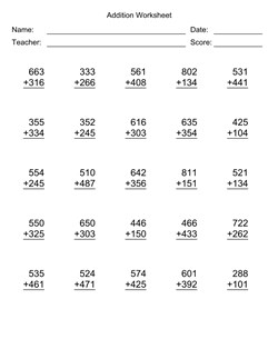 Addition Worksheet With First Addend with 3 Digits, Second Addend with 3 Digits, No Regrouping