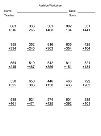 Addition Worksheet With First Addend with 3 Digits, Second ...