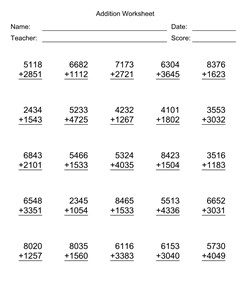 Addition Worksheet With First Addend with 4 Digits, Second Addend with 4 Digits, No Regrouping