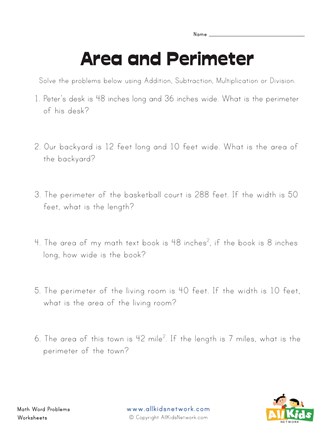 Area and Perimeter Word Problems Worksheet | All Kids Network