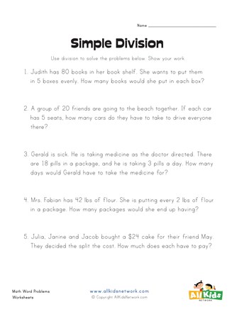 Simple Division Word Problems Worksheet | All Kids Network