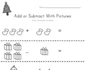 free printable worksheets for kindergarten christmas Christmas Addition and Subtraction with Pictures Worksheet