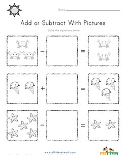Summer Addition and Subtraction Drawing Worksheet