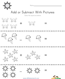 Summer Addition and Subtraction with Pictures Worksheet