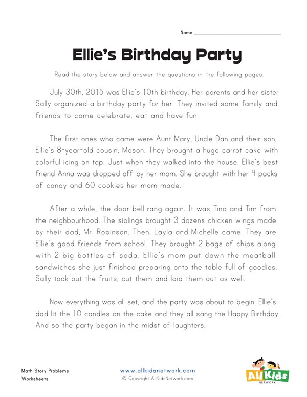 birthday party story problems worksheet all kids network