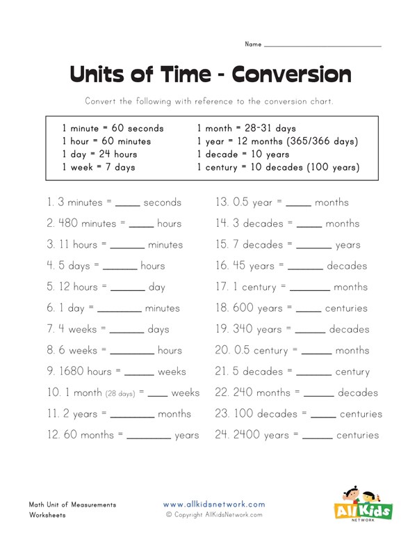 Converting Units Of Time Worksheet All Kids Network