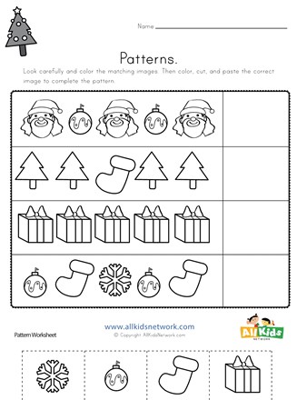 Christmas Cut and Paste Patterns Worksheet | All Kids Network