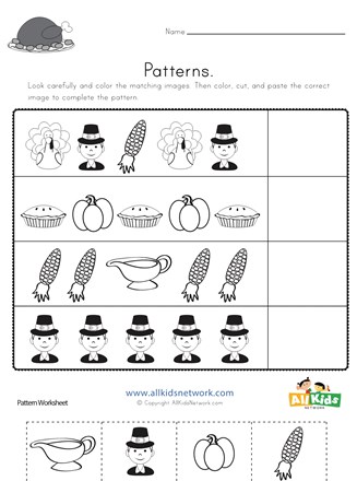 Thanksgiving Cut and Paste Patterns Worksheet | All Kids Network