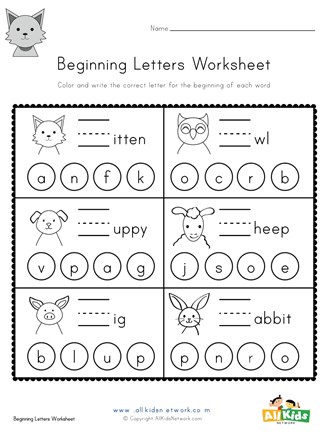 Animal Beginning Letters Worksheet | All Kids Network