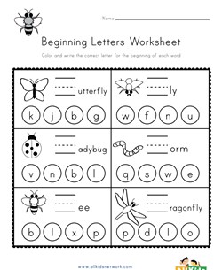Bug Beginning Letters Worksheet