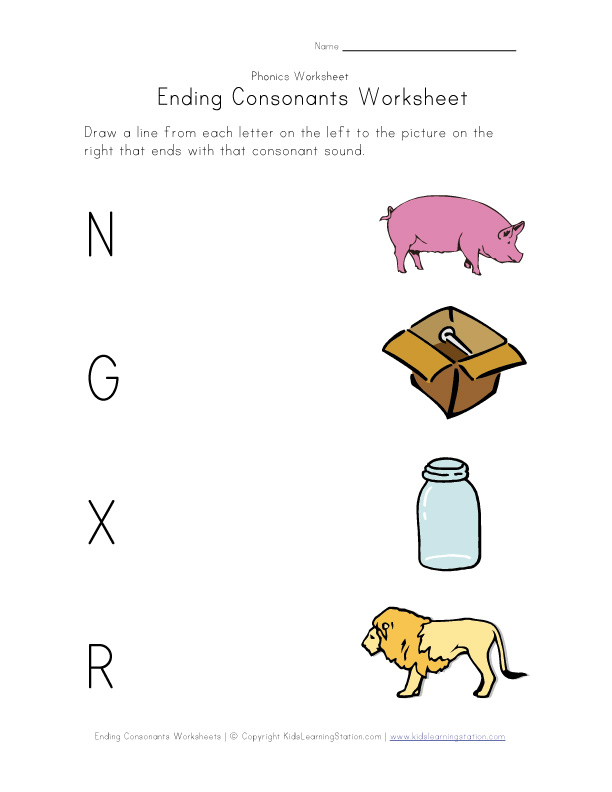 Ending sounds. Consonants Worksheets for Kids. The Kid and the Pig Worksheets.