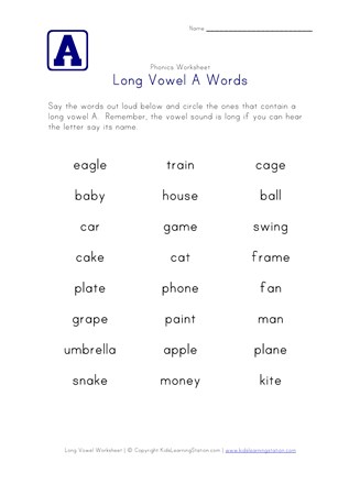 long vowel a worksheet