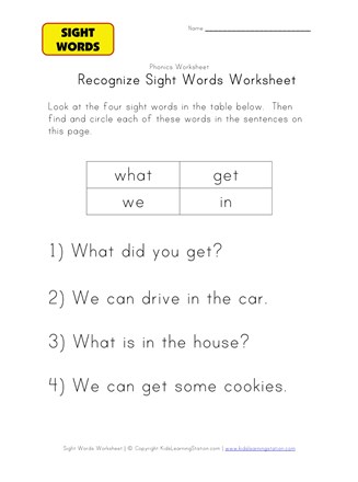 sight word activities what, get, we, in