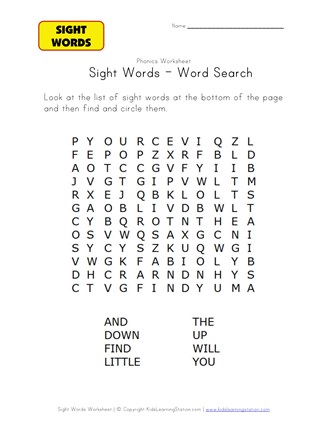 sight word search and, down, find, little, the, up, will and you