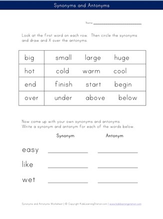 Antonym and Synonym Worksheet | All Kids Network