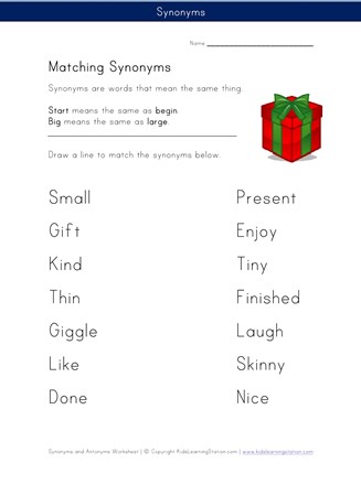 matching synonyms worksheet all kids network