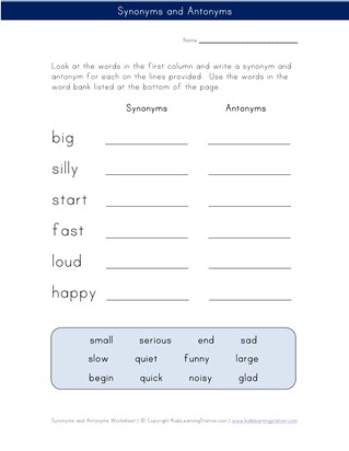 synonym and antonym worksheets all kids network