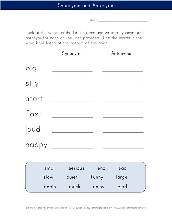 Synonyms And Antonyms Worksheet All Kids Network