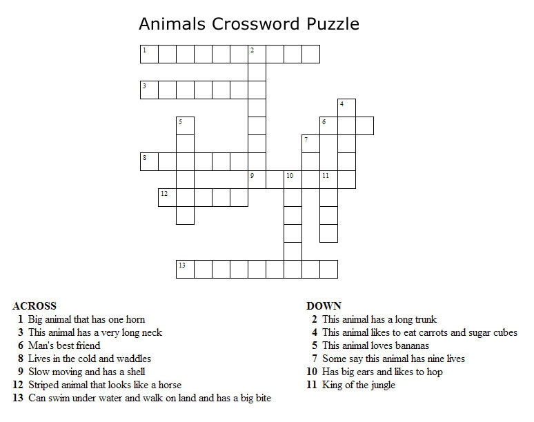 Kids Crossword Puzzles - Print your Animals Crossword 