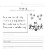 4th of July Reading Comprehension Worksheet