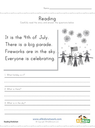 4th of July Reading Comprehension Worksheet | All Kids Network