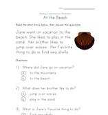 reading comprehension worksheet - beach story