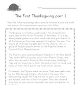 The First Thanksgiving History Reading Comprehension Worksheet